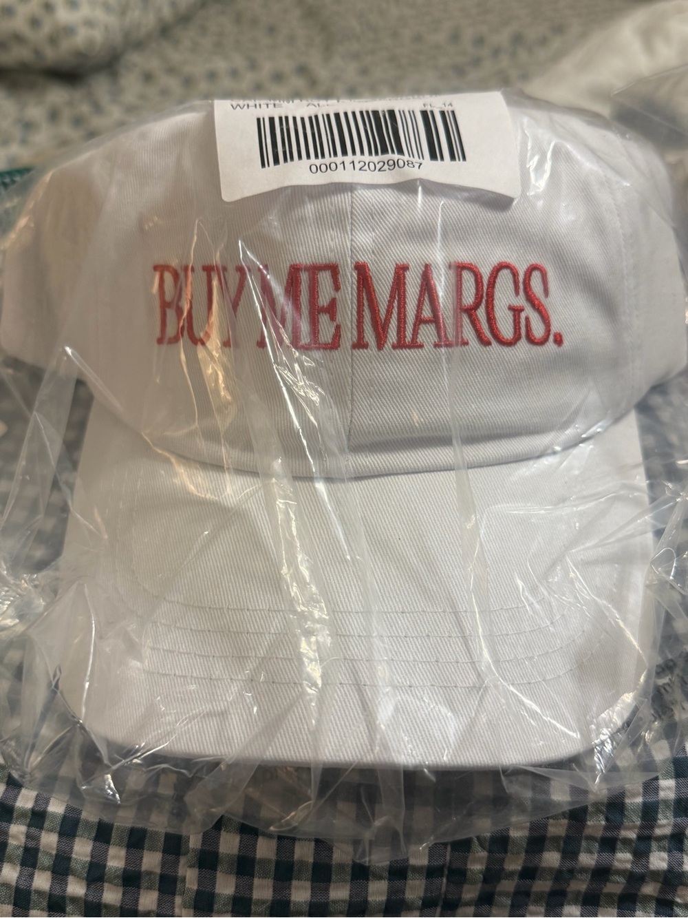 White 'BUY ME MARGS.' Cap with Red Embroidery